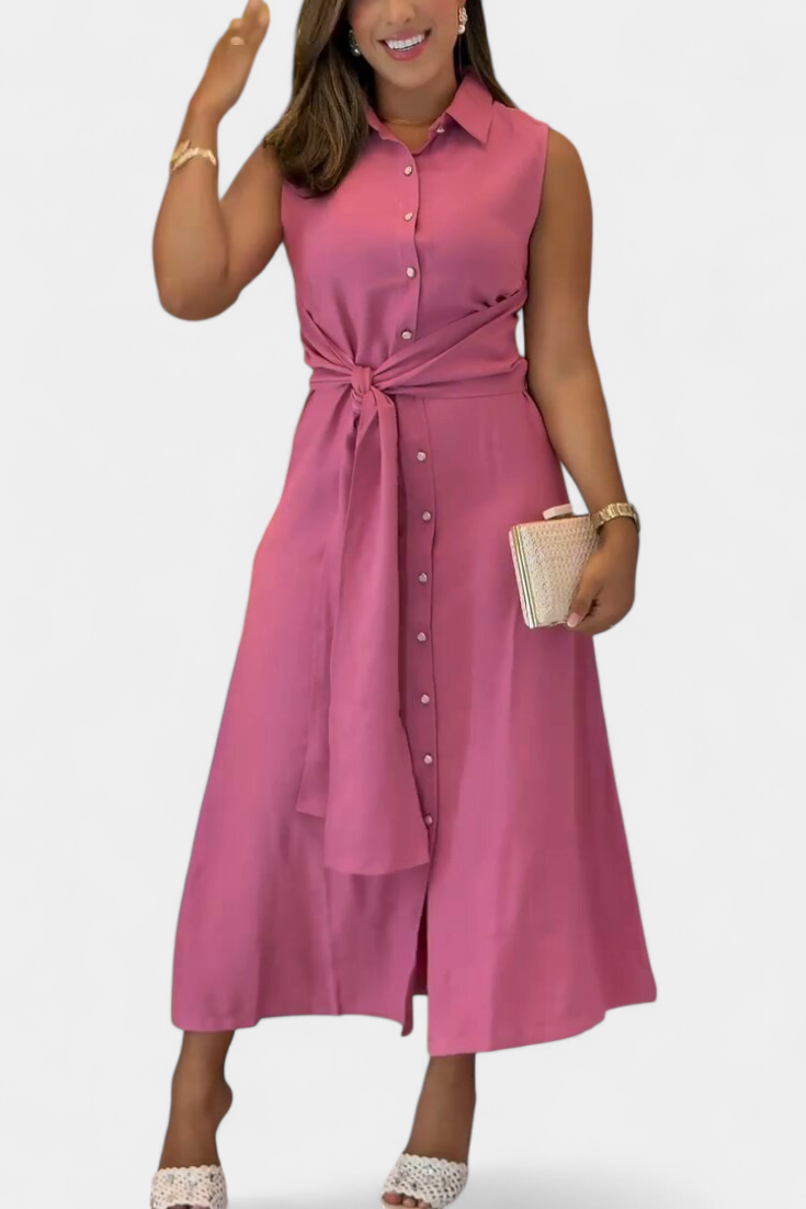 Behnaz Vestido Elegante sin Mangas con Cinturón y Cuello Camisero