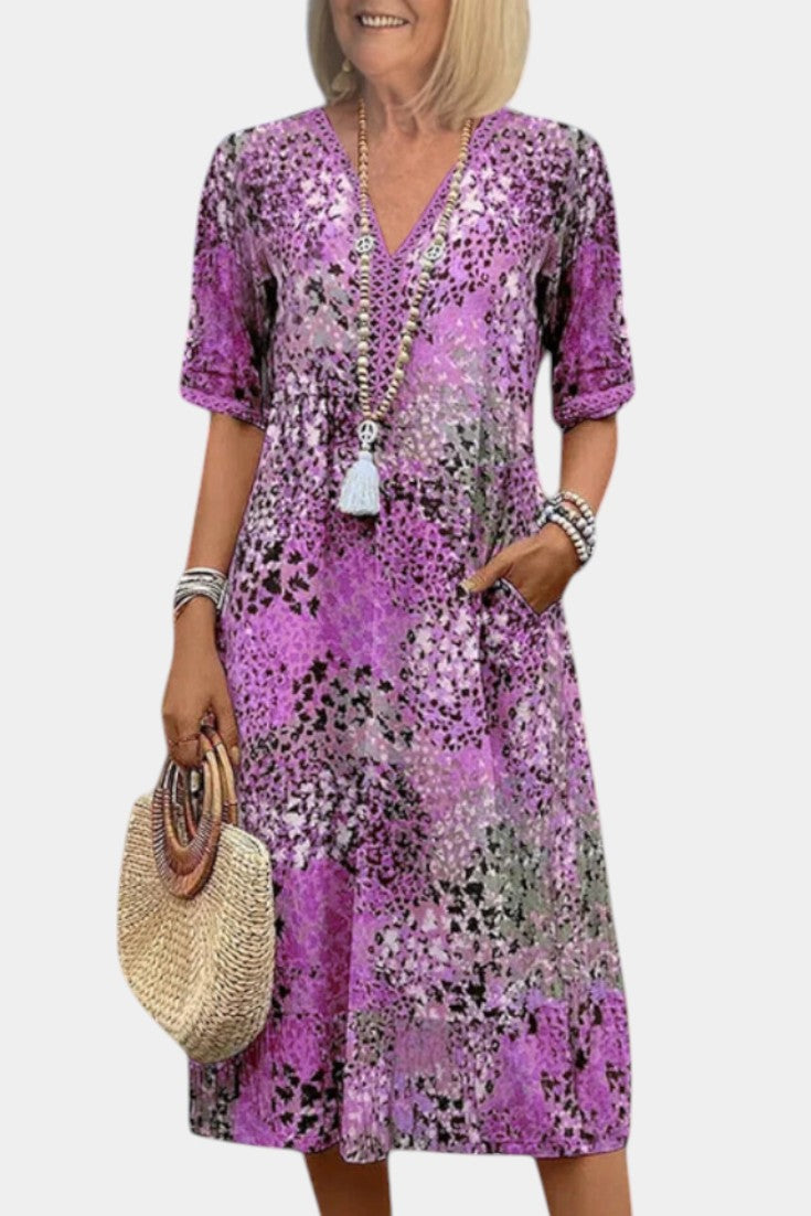 Perla Vestido Boho con Estampado Floral y Detalles en Crochet