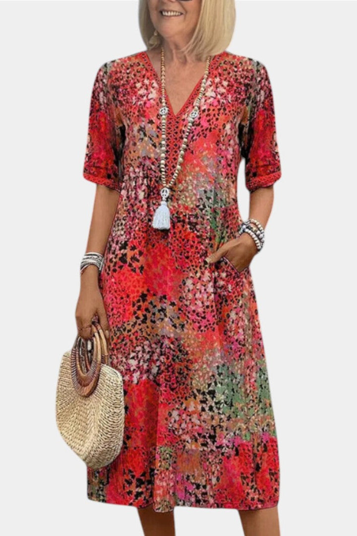 Perla Vestido Boho con Estampado Floral y Detalles en Crochet