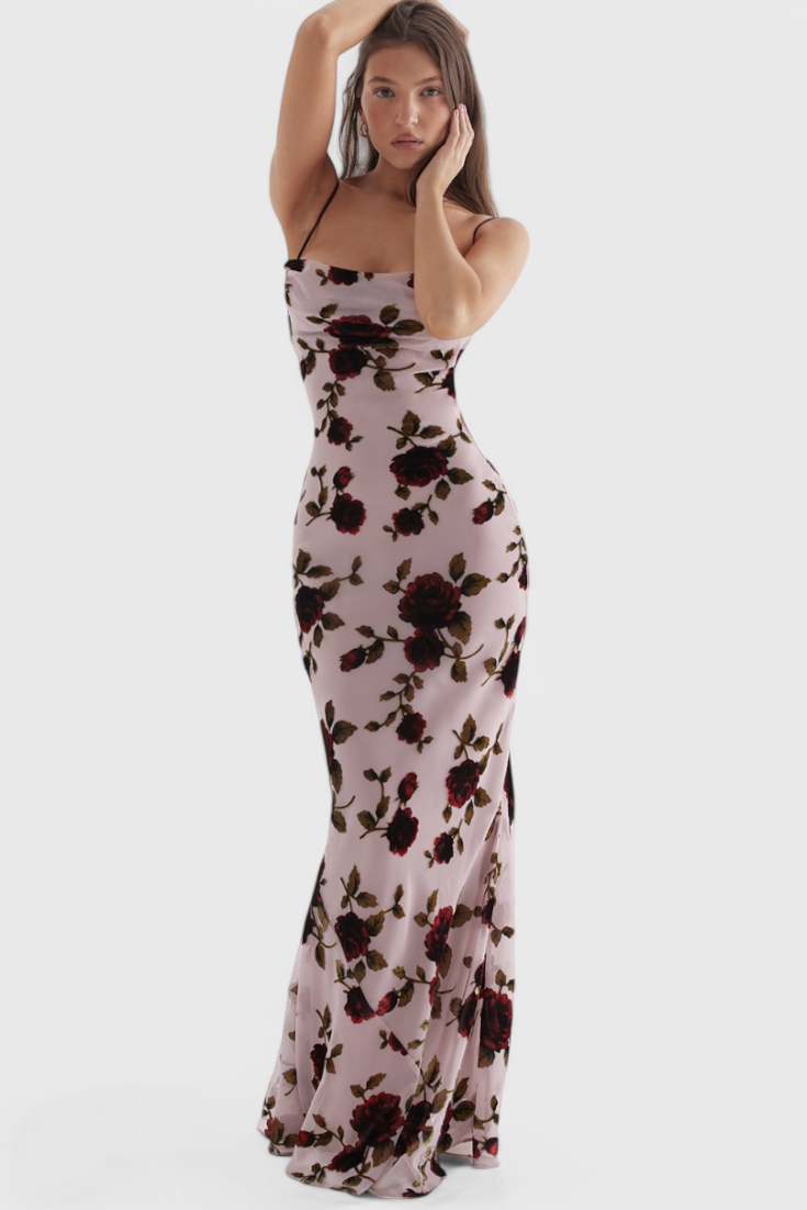 Irina Vestido Deslizante de Satén con Estampado Floral y Espalda Descubierta