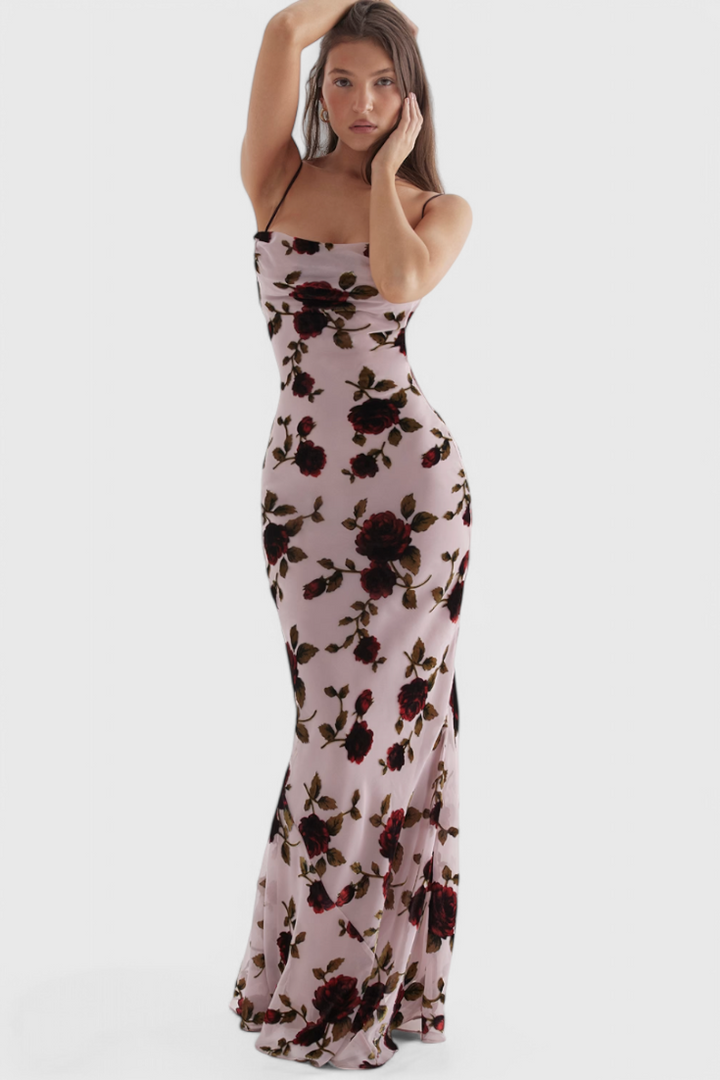Irina Vestido Deslizante de Satén con Estampado Floral y Espalda Descubierta