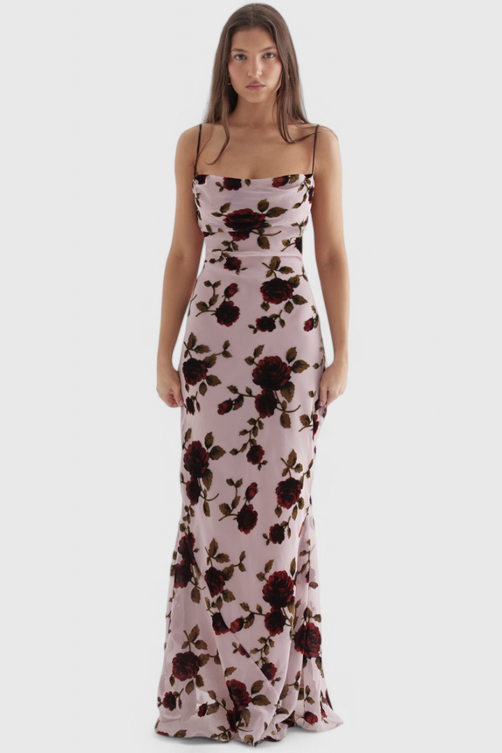 Irina Vestido Deslizante de Satén con Estampado Floral y Espalda Descubierta