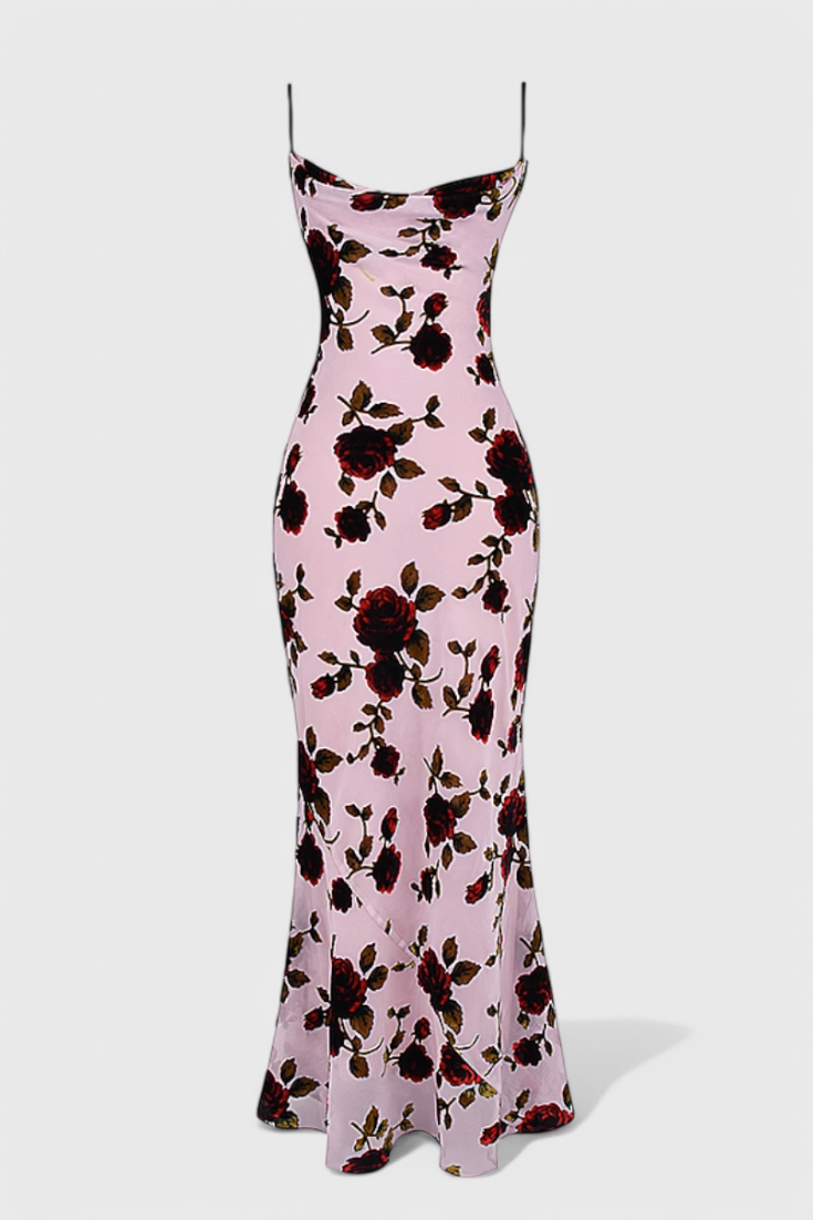 Irina Vestido Deslizante de Satén con Estampado Floral y Espalda Descubierta