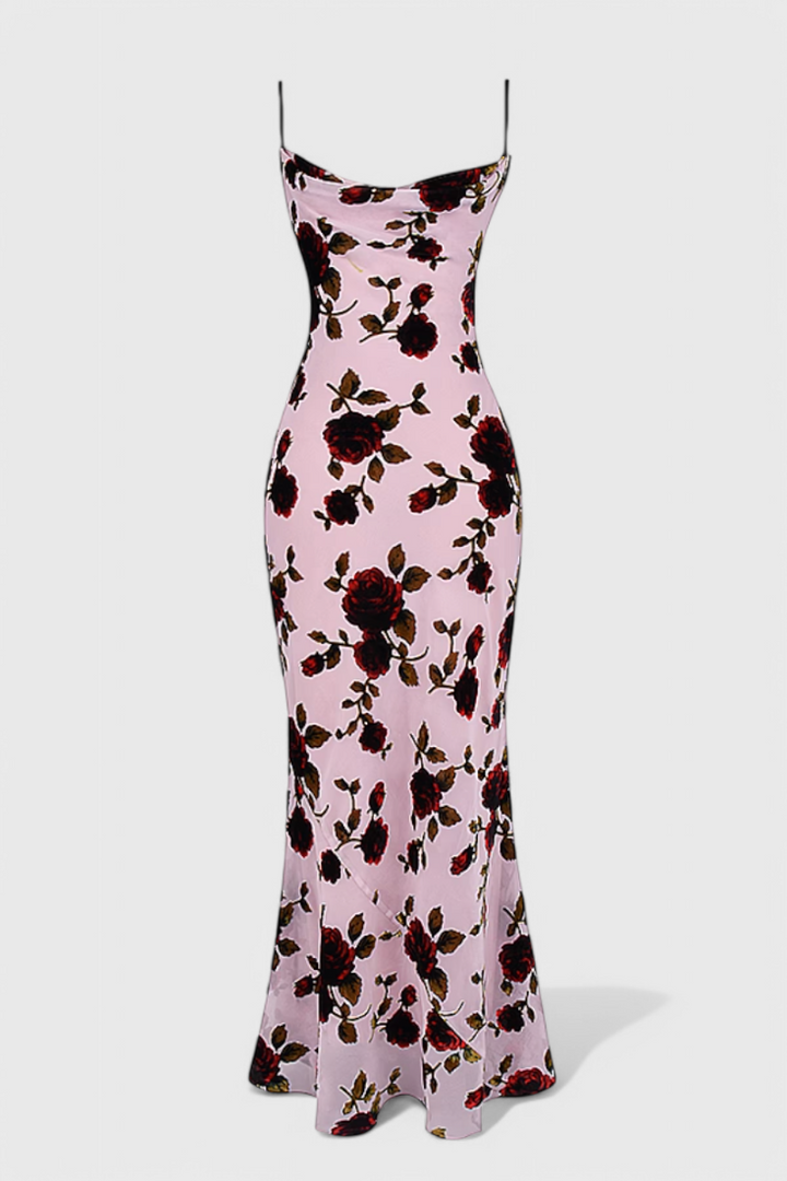Irina Vestido Deslizante de Satén con Estampado Floral y Espalda Descubierta