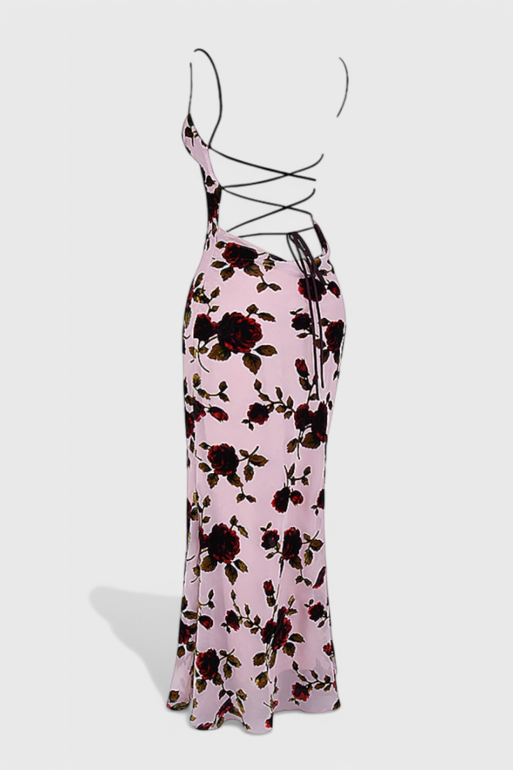 Irina Vestido Deslizante de Satén con Estampado Floral y Espalda Descubierta