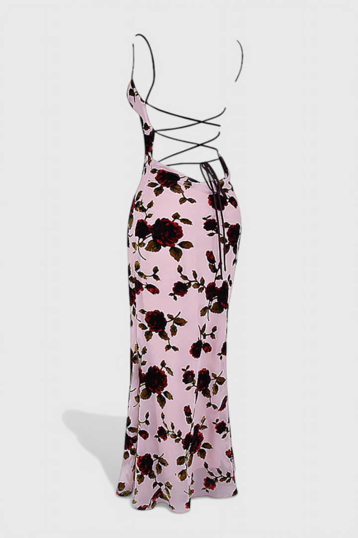 Irina Vestido Deslizante de Satén con Estampado Floral y Espalda Descubierta