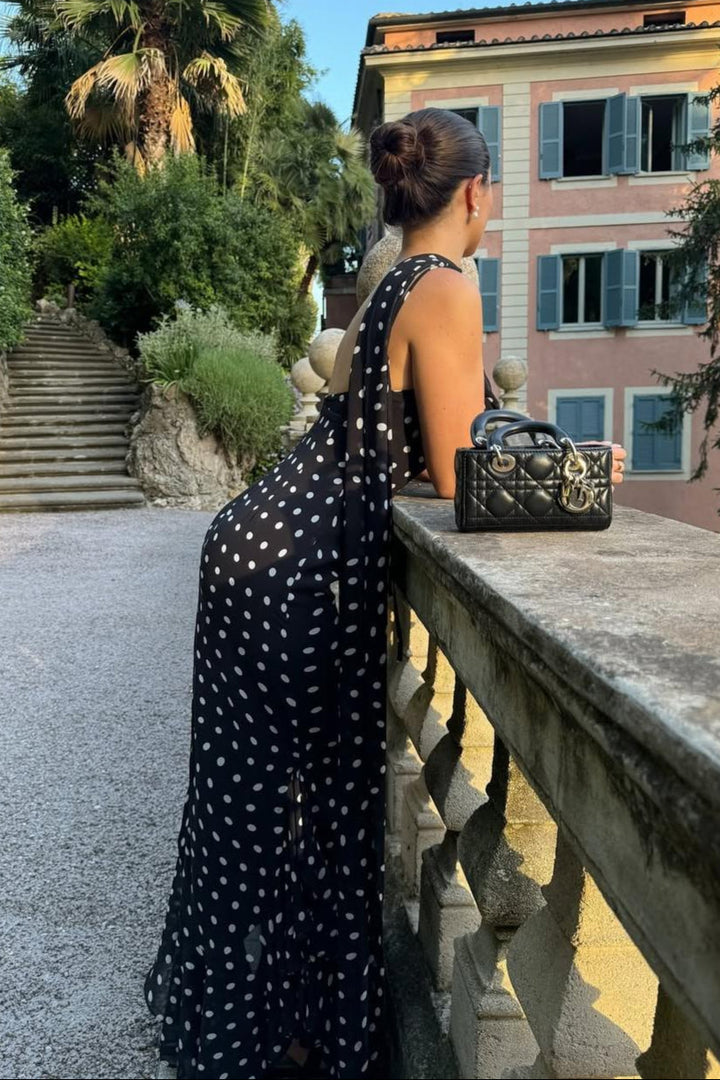 Estefanía Vestido de Gasa con Volantes y Lunares en Negro y Crema