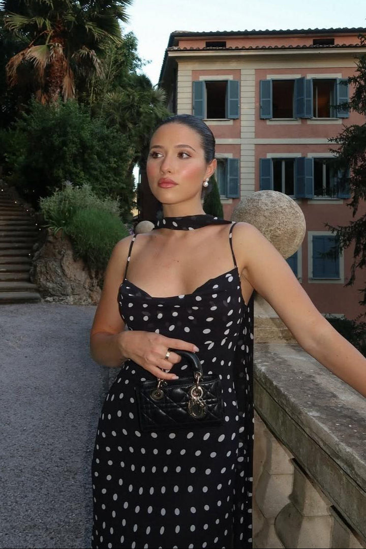 Estefanía Vestido de Gasa con Volantes y Lunares en Negro y Crema