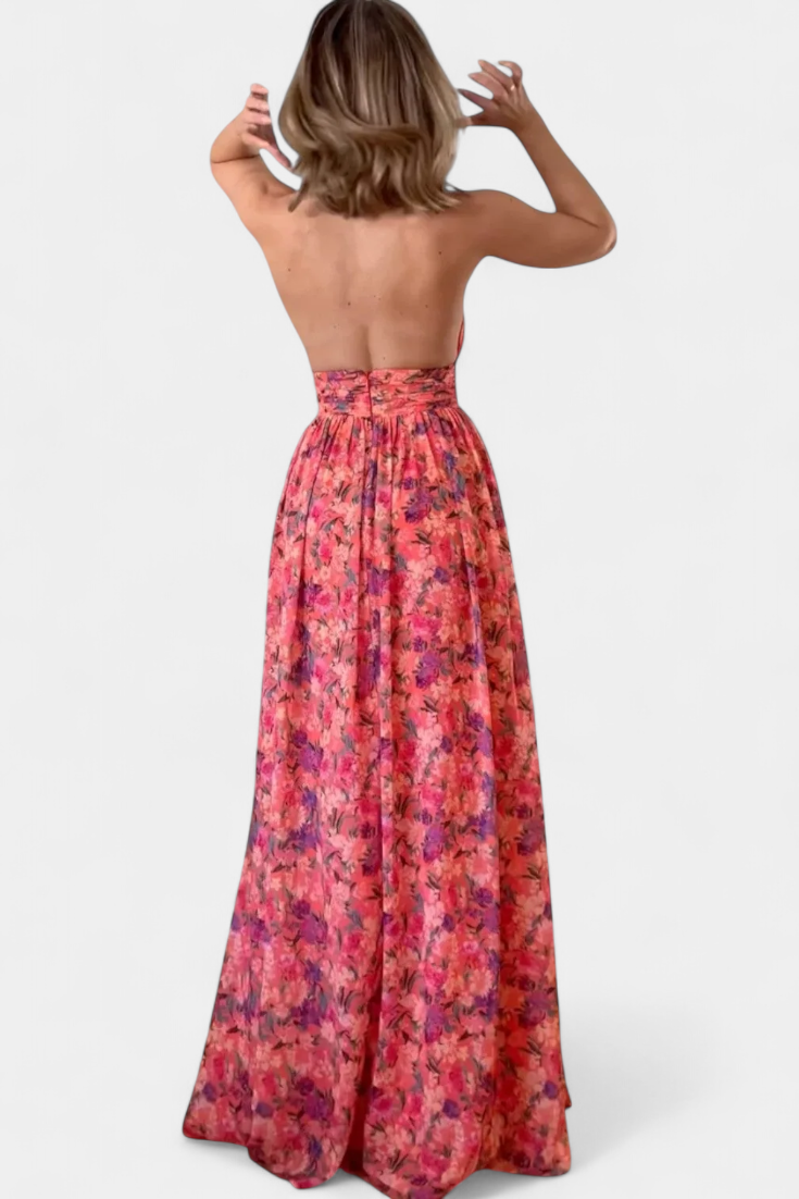 Rihanna Vestido Floral Sin Espalda para Días de Sol