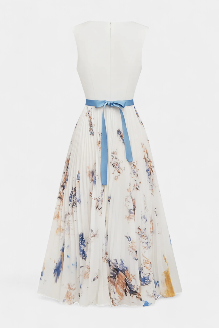 Elise Vestido Midi Sin Mangas con Estampado Floral y Plisado