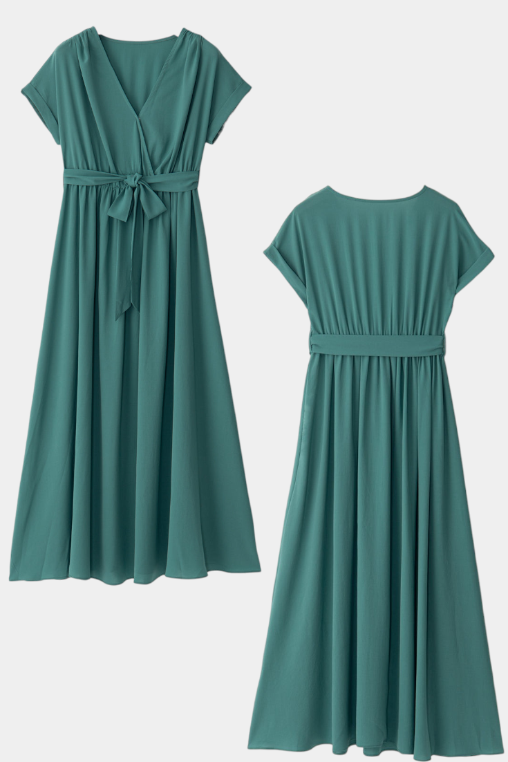 Sandra Vestido Verde Negruzco con Pliegues y Cinta en la Cintura