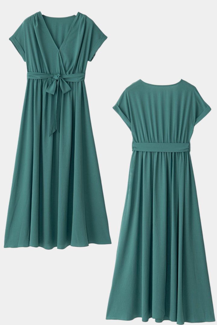 Sandra Vestido Verde Negruzco con Pliegues y Cinta en la Cintura