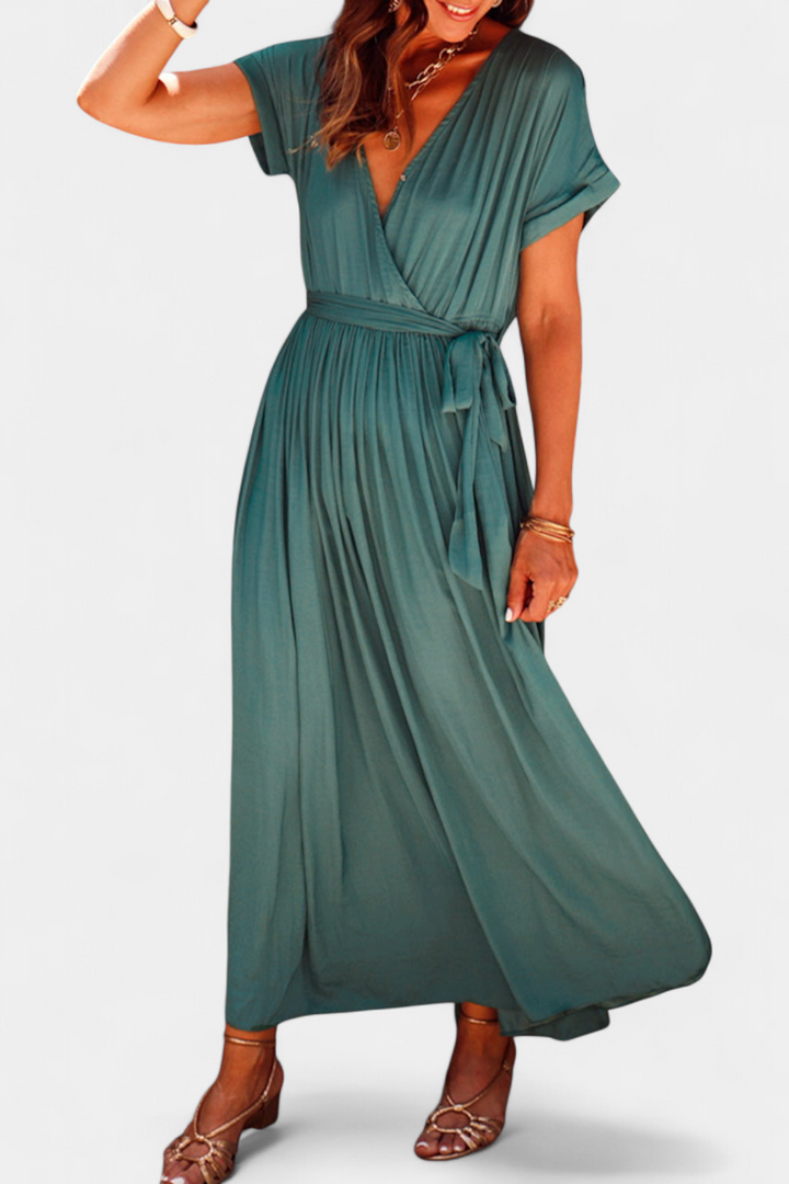 Sandra Vestido Verde Negruzco con Pliegues y Cinta en la Cintura