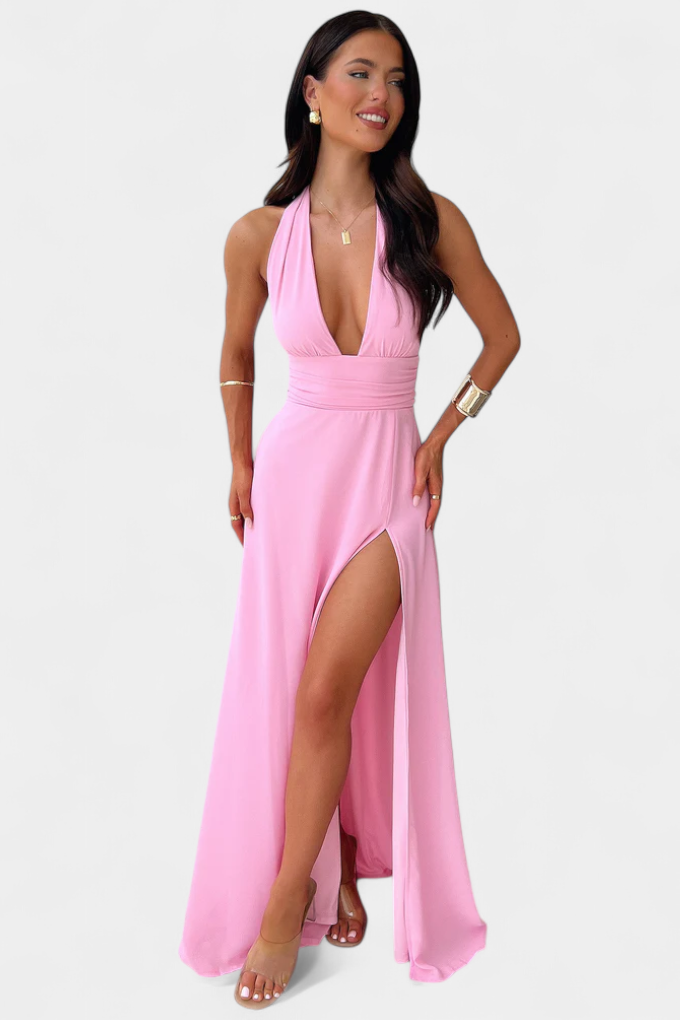 Latisha Vestido de Cuello Halter y Gran Abertura