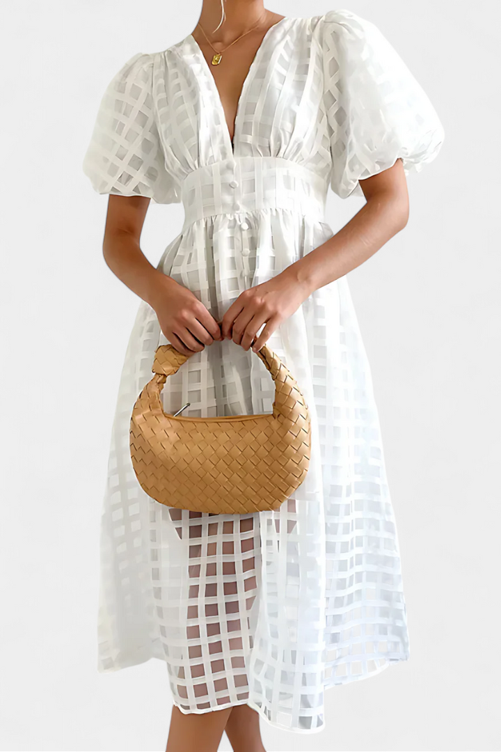 Marigold Vestido Midi de Manga Abullonada con Patrón de Cuadrados