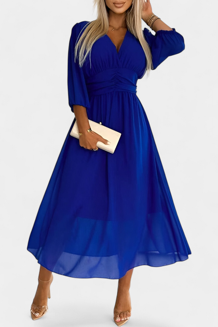Dorina Vestido Midi Elegante con Escote en V y Mangas Ligeras