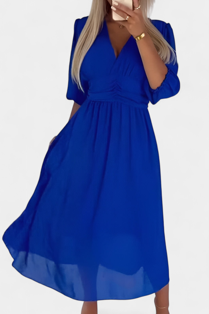 Dorina Vestido Midi Elegante con Escote en V y Mangas Ligeras
