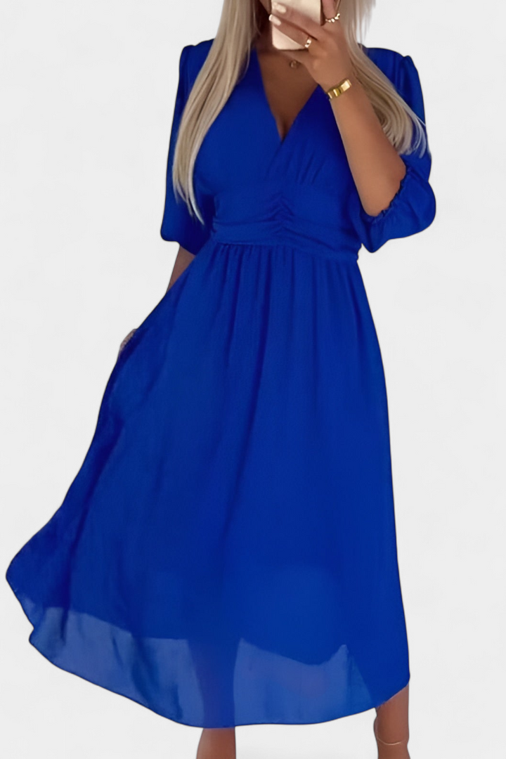 Dorina Vestido Midi Elegante con Escote en V y Mangas Ligeras