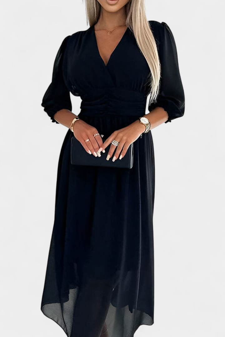 Dorina Vestido Midi Elegante con Escote en V y Mangas Ligeras