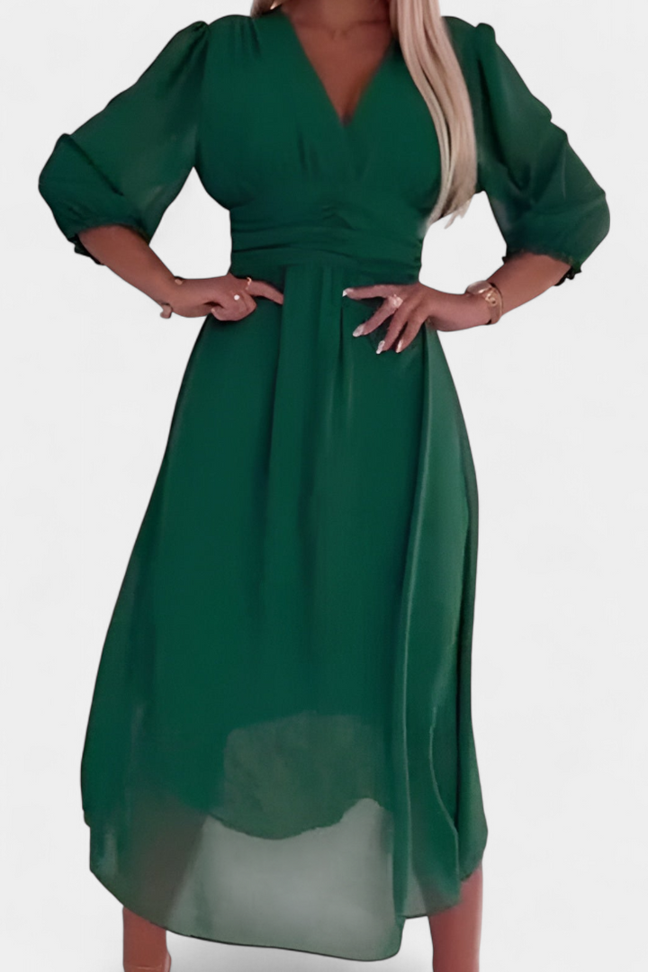 Dorina Vestido Midi Elegante con Escote en V y Mangas Ligeras