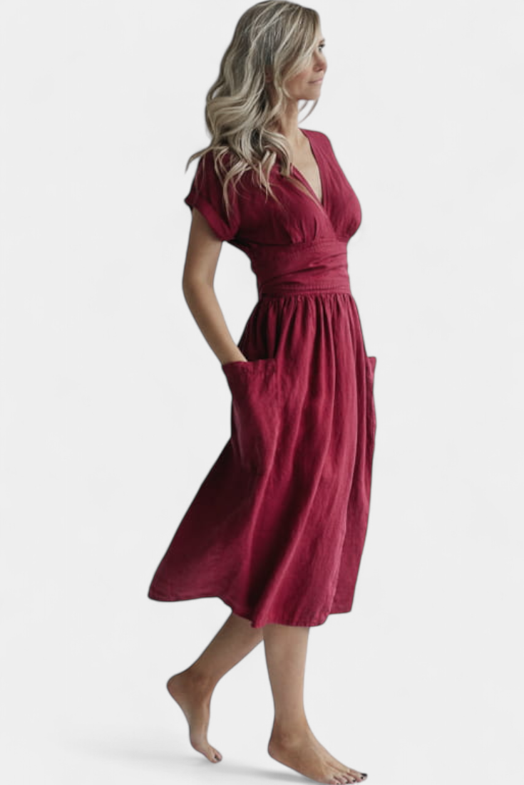 Cressida Vestido de Algodón con Escote en V y Cintura Ajustable