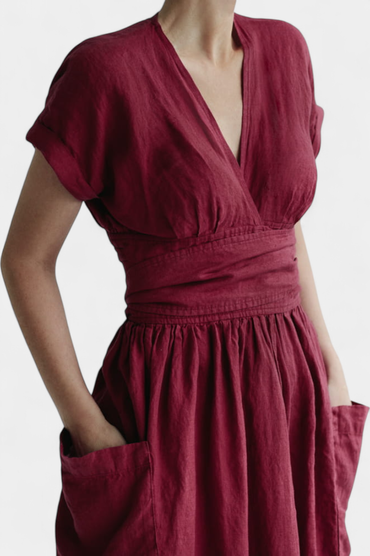 Cressida Vestido de Algodón con Escote en V y Cintura Ajustable