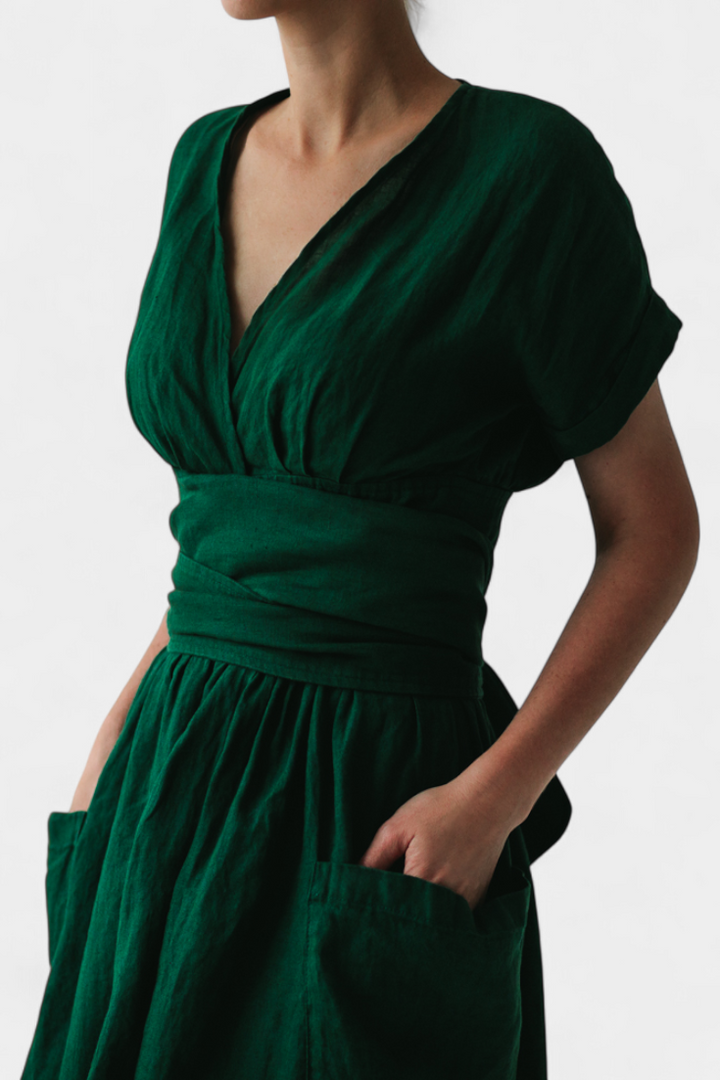 Cressida Vestido de Algodón con Escote en V y Cintura Ajustable